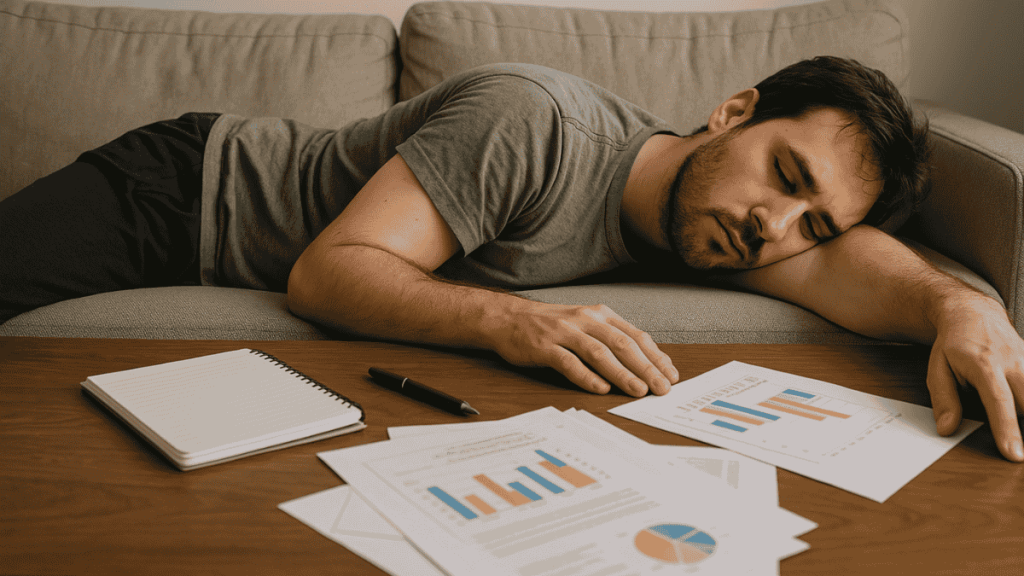 An exhausted man lying facedown at a cluttered table, surrounded by paperwork and open notebooks, symbolizes lost motivation and procrastination.